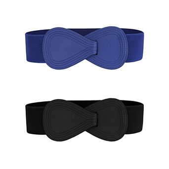 2 pc Interlock 8-shaped Faux Leather Buckle Elastic Waist Belt for Lady