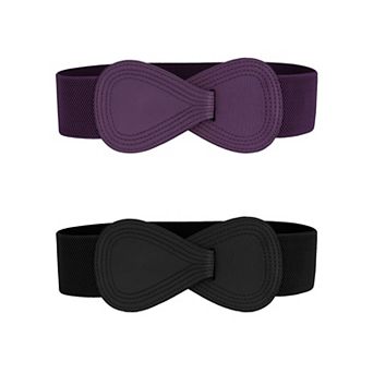 2 pc Interlock 8-shaped Faux Leather Buckle Elastic Waist Belt for Lady