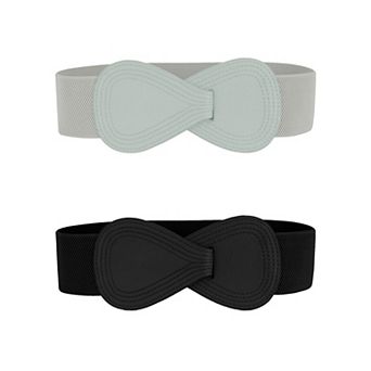 2 pc Interlock 8-shaped Faux Leather Buckle Elastic Waist Belt for Lady