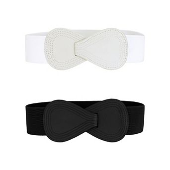 2 pc Interlock 8-shaped Faux Leather Buckle Elastic Waist Belt for Lady