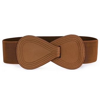 Women's Interlocked 8-Shaped Buckle Faux Leather Elastic Belt Fit Waist Girth 31"-43"