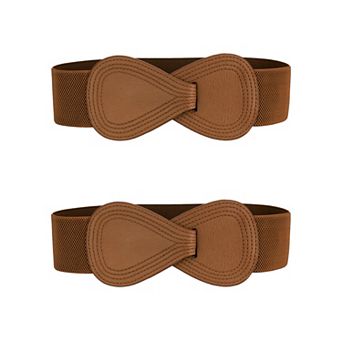 2 pc Interlock 8-shaped Buckle Elastic Faux Leather Stretch Waist Belt for Lady