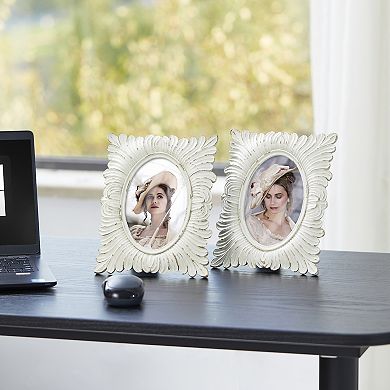 Glitzhome Set of 2 White Ornate Resin Tabletop Picture Frames