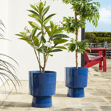 Glitzhome 16.75"H Set of 2 Cobalt Blue Faux Ceramic Urn Plastic Planter