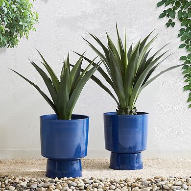 Glitzhome 16.75"H Set of 2 Cobalt Blue Faux Ceramic Urn Plastic Planter