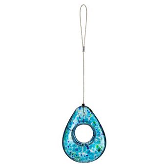 Glitzhome 6.75''H Glass Water Drop Hanging Blue Dots Birdfeeder