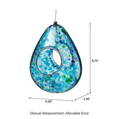 Glitzhome 6.75''H Glass Water Drop Hanging Blue Dots Birdfeeder