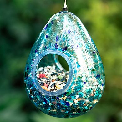 Glitzhome 6.75''H Glass Water Drop Hanging Blue Dots Birdfeeder