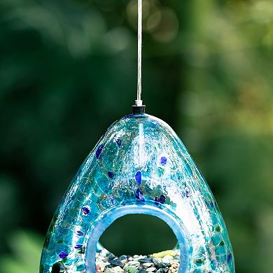Glitzhome 6.75''H Glass Water Drop Hanging Blue Dots Birdfeeder