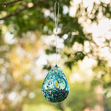 Glitzhome 6.75''H Glass Water Drop Hanging Blue Dots Birdfeeder