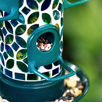 Glitzhome 20''H Glass Tall Hanging Blue/Green Mosaic Birdfeeder