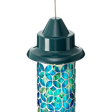 Glitzhome 20''H Glass Tall Hanging Blue/Green Mosaic Birdfeeder