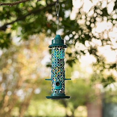 Glitzhome 20''H Glass Tall Hanging Blue/Green Mosaic Birdfeeder