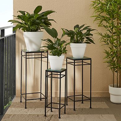 Glitzhome Set of 3 Sqaure Nesting Planter Stands with Ceramic Tiles Table Top