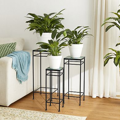 Glitzhome Set of 3 Sqaure Nesting Planter Stands with Ceramic Tiles Table Top