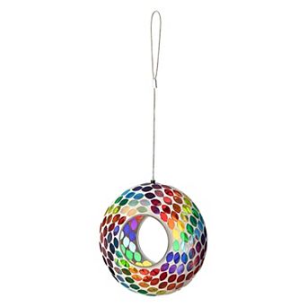 Glitzhome 8''D Handcrafted Glass Round Hanging Multi-Color Mosaic Birdfeeder