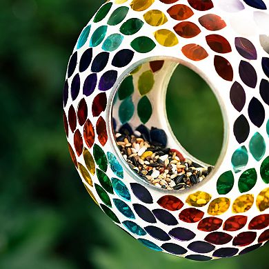 Glitzhome 8''D Handcrafted Glass Round Hanging Multi-Color Mosaic Birdfeeder