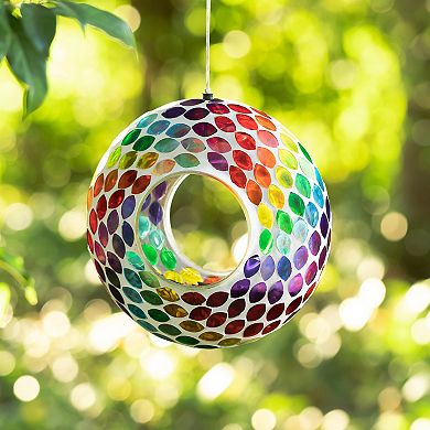 Glitzhome 8''D Handcrafted Glass Round Hanging Multi-Color Mosaic Birdfeeder