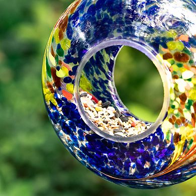 Glitzhome 7.75''D Glass Round Hanging Multi-Color Mosaic Birdfeeder