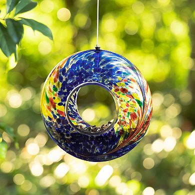 Glitzhome 7.75''D Glass Round Hanging Multi-Color Mosaic Birdfeeder