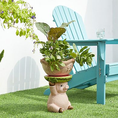 Glitzhome 12.5"H MGO Novelty Pig Hold a Watermelon Decorative Garden Stool