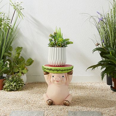 Glitzhome 12.5"H MGO Novelty Pig Hold a Watermelon Decorative Garden Stool