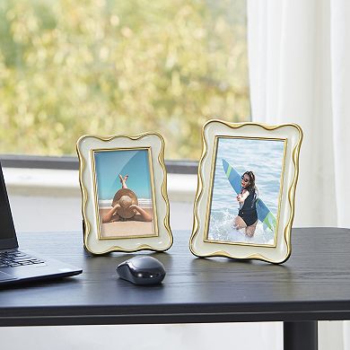 Glitzhome Set of 2 White with Gold Wavy Edge Resin Tabletop Picture Frames