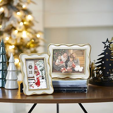 Glitzhome Set of 2 White with Gold Wavy Edge Resin Tabletop Picture Frames