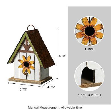 Glitzhome 8.25"H Solid Wooded Outdoor Garden Birdhouse with 3D Roof and Flower