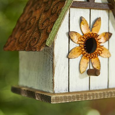 Glitzhome 8.25"H Solid Wooded Outdoor Garden Birdhouse with 3D Roof and Flower
