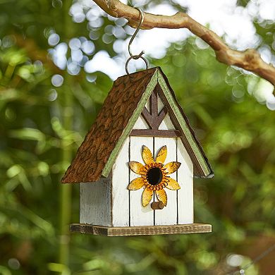 Glitzhome 8.25"H Solid Wooded Outdoor Garden Birdhouse with 3D Roof and Flower