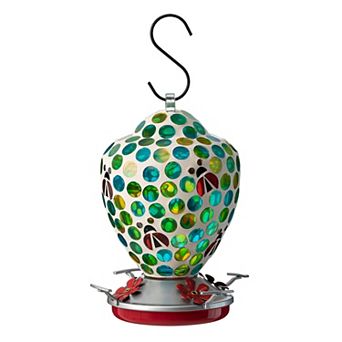 Glitzhome 8.25"H Glass Hanging Blue/Green Dots & Ladybugs Mosaic Birdfeeder