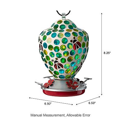 Glitzhome 8.25"H Glass Hanging Blue/Green Dots & Ladybugs Mosaic Birdfeeder