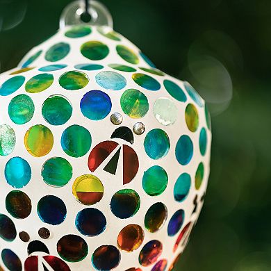 Glitzhome 8.25"H Glass Hanging Blue/Green Dots & Ladybugs Mosaic Birdfeeder