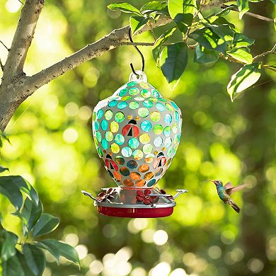 Glitzhome 8.25"H Glass Hanging Blue/Green Dots & Ladybugs Mosaic Birdfeeder