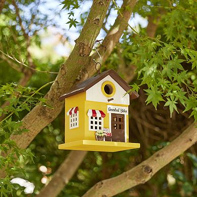 Glitzhome 9.5"H Solid Wood Yellow General Store Decorative Garden Birdhouse