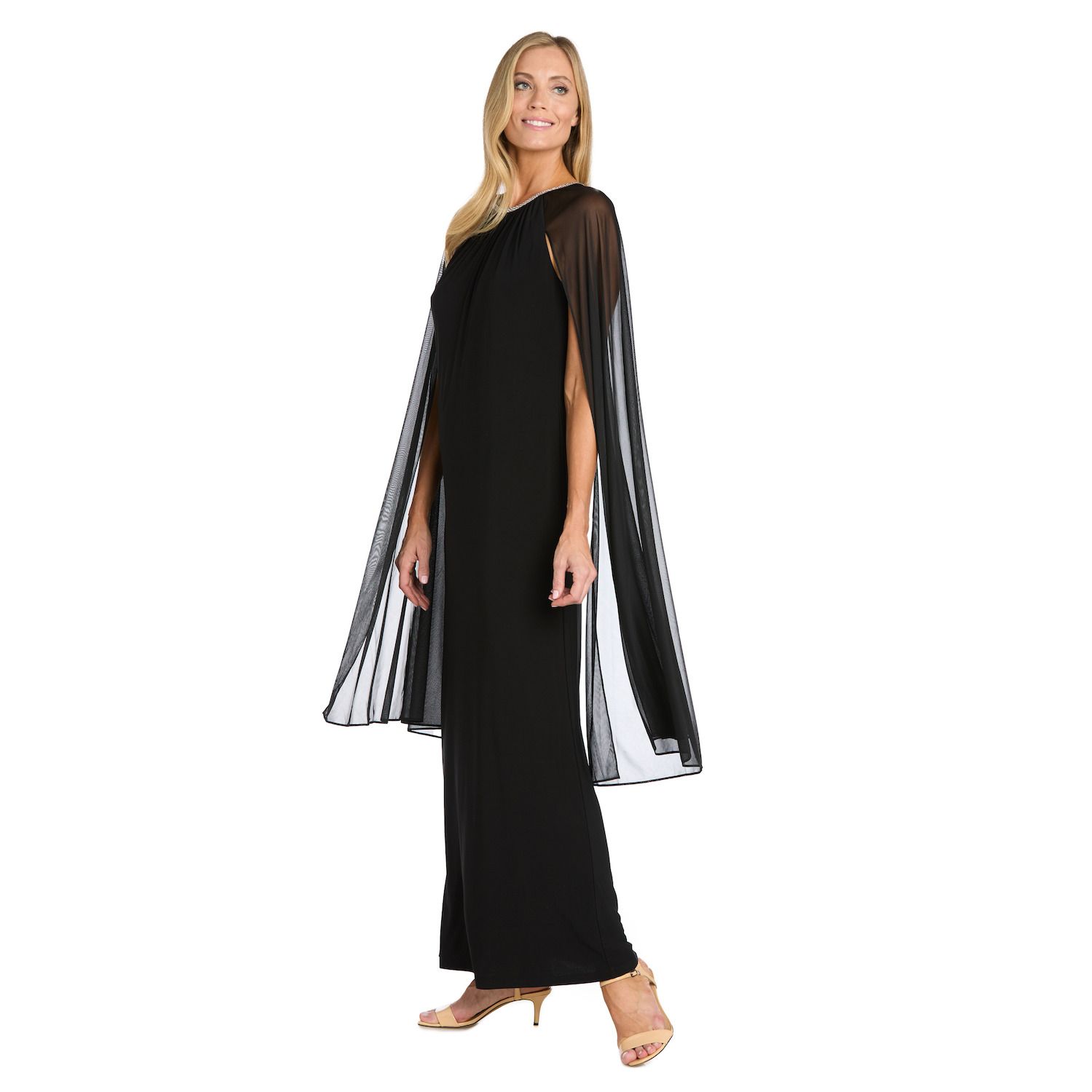 Женское платье R&M Richards Beaded Jewel Neck Long Sheath Dress & Long Cape, цвет: Чёрный — фото 1