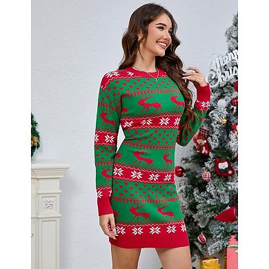 Women Ugly Christmas Sweater Dress Xmas Crew Neck Pullover Sweater Holiday Knitted Mini Tunic Dress