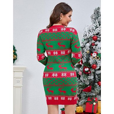 Women Ugly Christmas Sweater Dress Xmas Crew Neck Pullover Sweater Holiday Knitted Mini Tunic Dress
