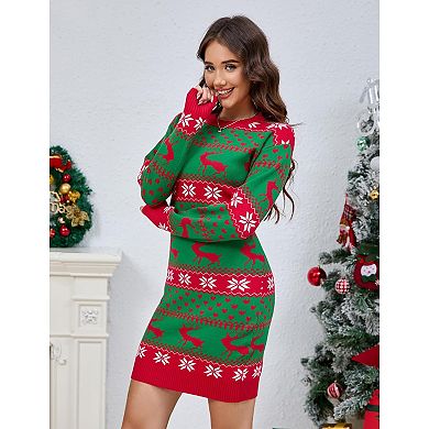 Women Ugly Christmas Sweater Dress Xmas Crew Neck Pullover Sweater Holiday Knitted Mini Tunic Dress