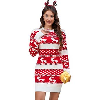Women Ugly Christmas Sweater Dress Xmas Crew Neck Pullover Sweater Holiday Knitted Mini Tunic Dress