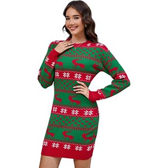 Women Ugly Christmas Sweater Dress Xmas Crew Neck Pullover Sweater Holiday Knitted Mini Tunic Dress