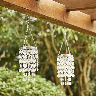 Glitzhome 18.75"H Solar Lighted Transparent Acrylic Jewel Beaded Wind Chime