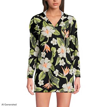 Women's Lands' End Hooded Mini Swim Cover-Up Dress UPF 50