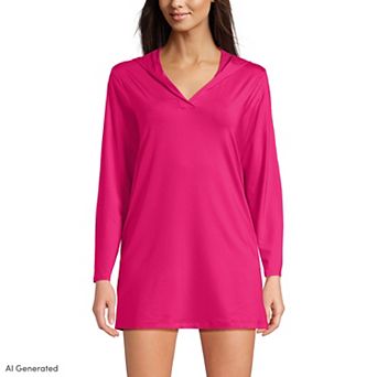 Women's Lands' End Hooded Mini Swim Cover-Up Dress UPF 50