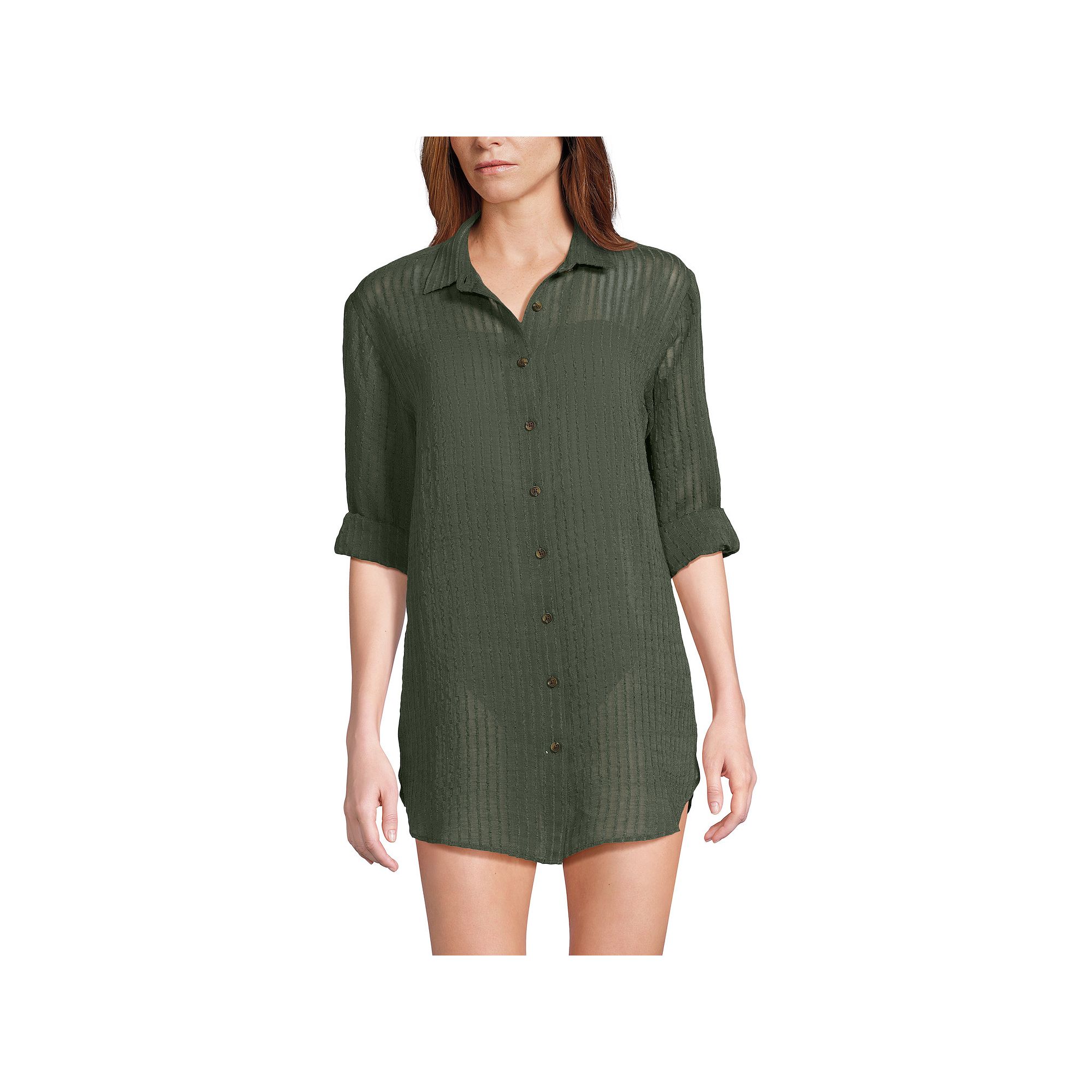 Womens Lands End Rayon Rib Button Down Cover-Up, Size: XS, Rich Olive Gre