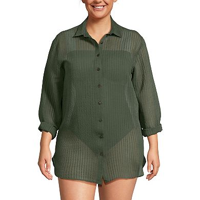 Plus Size Lands' End Rayon Rib Button Down Cover-Up