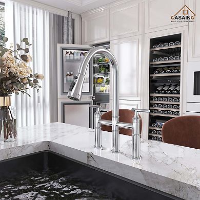 Sleek 2-Handle Bridge Kitchen Faucet with Three Function Pull-Down Sprayhead 1.8 GPM