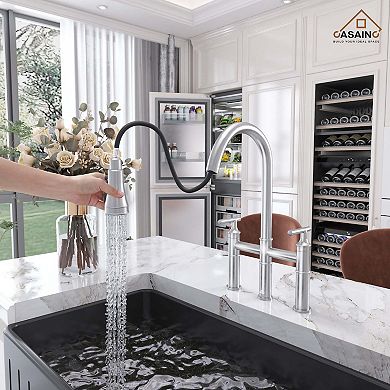Sleek 2-Handle Bridge Kitchen Faucet with Three Function Pull-Down Sprayhead 1.8 GPM