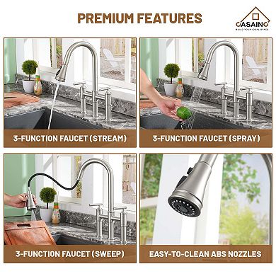 Sleek 2-Handle Bridge Kitchen Faucet with Three Function Pull-Down Sprayhead 1.8 GPM